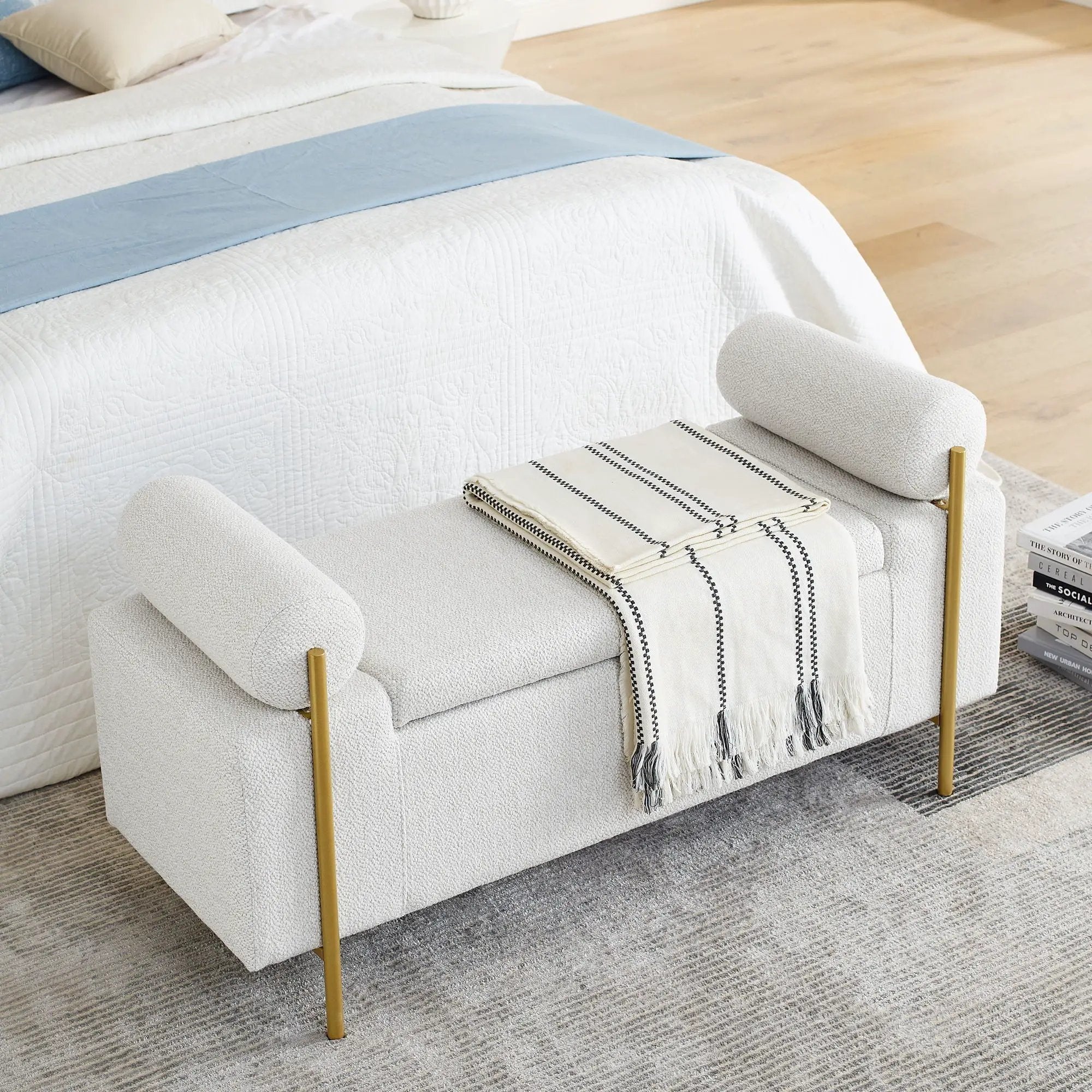 Elegant Upholstered Storage Bench With Cylindrical Arms And Iron Legs, by Unique Piece Furniture