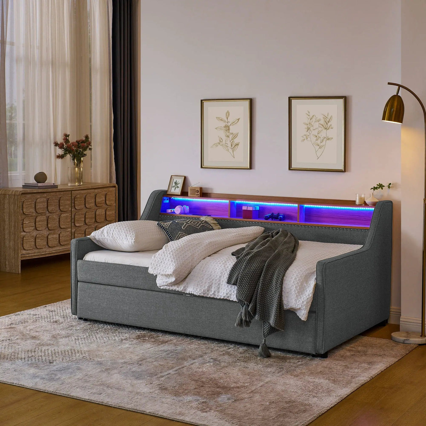 Upholstered Sofa Bed With LED Lights, Storage Headboard, Foldable Trundle & Wireless Charging by Unique Piece Furniture