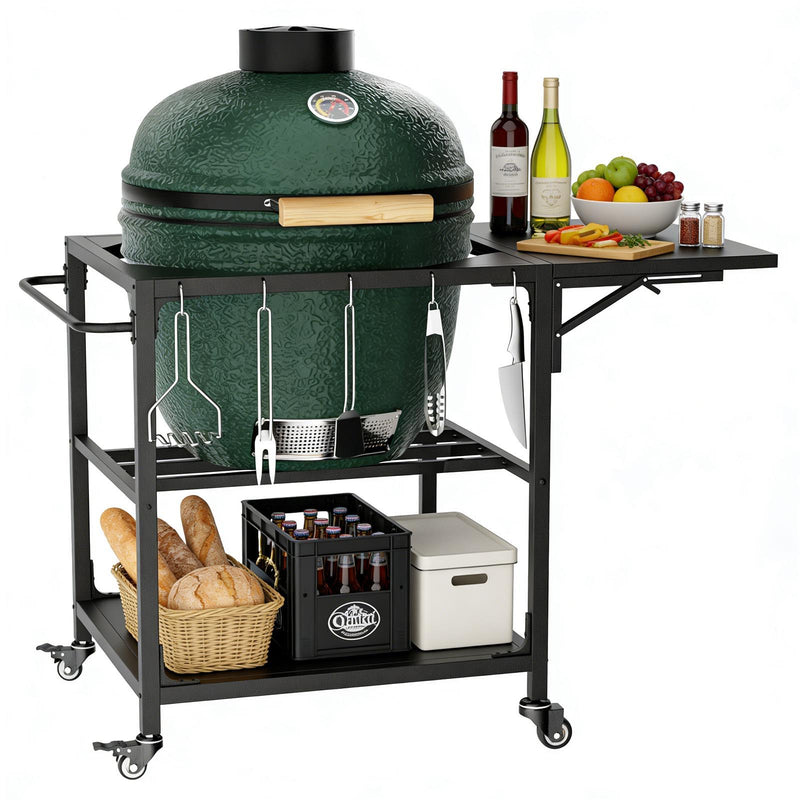 Outdoor Grill Table, Prep Cart With Wheels, Storage Shelf And Hooks - Black by HouseOfZazla