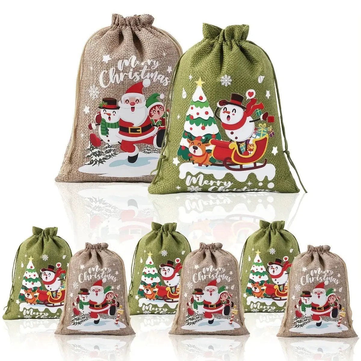Fabric Christmas Gift Bags with Drawstring Closure - Green/Brown Cloth Santa Patterns by House Of Avana