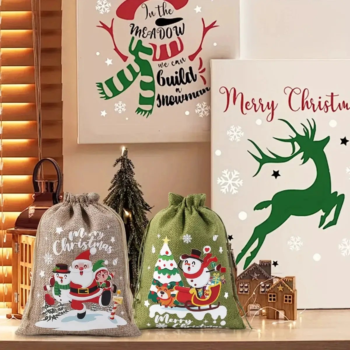Fabric Christmas Gift Bags with Drawstring Closure - Green/Brown Cloth Santa Patterns by House Of Avana