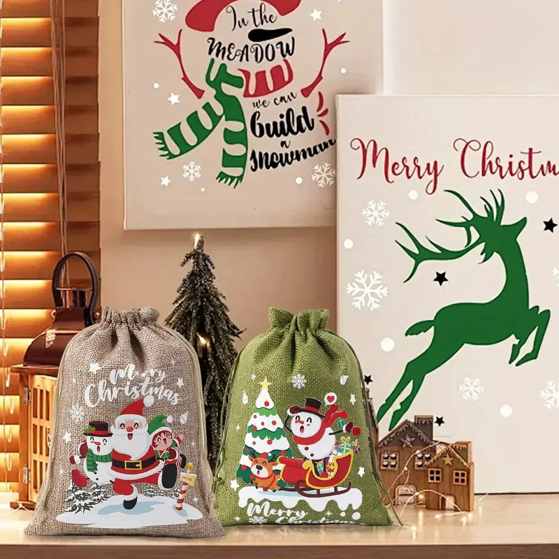 Fabric Christmas Gift Bags with Drawstring Closure - Green/Brown Cloth Santa Patterns by House Of Avana