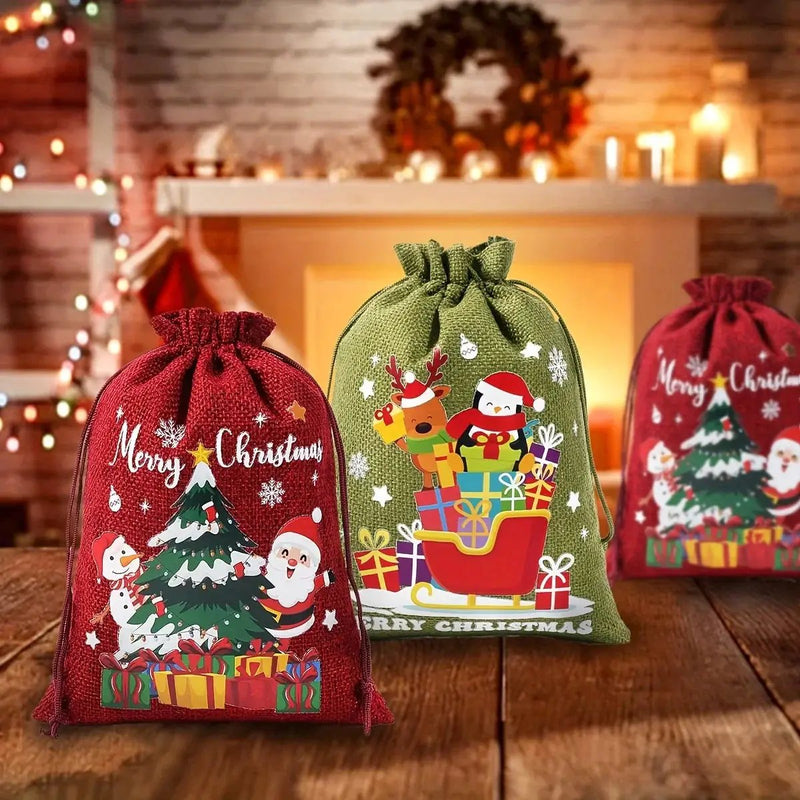 Fabric Christmas Gift Bags with Drawstring Closure - Green/Brown Cloth Santa Patterns by House Of Avana