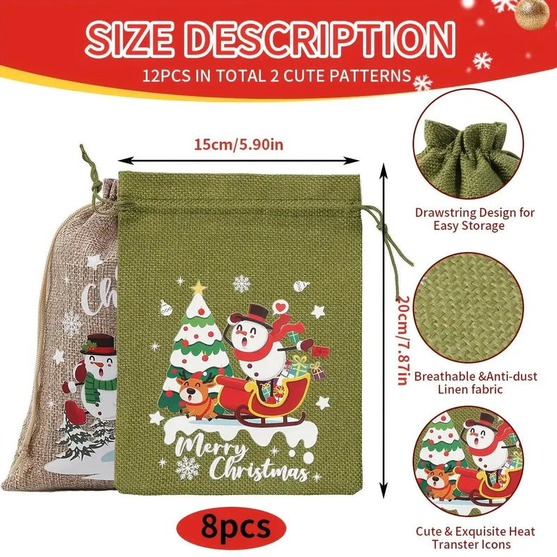 Fabric Christmas Gift Bags with Drawstring Closure - Green/Brown Cloth Santa Patterns by House Of Avana