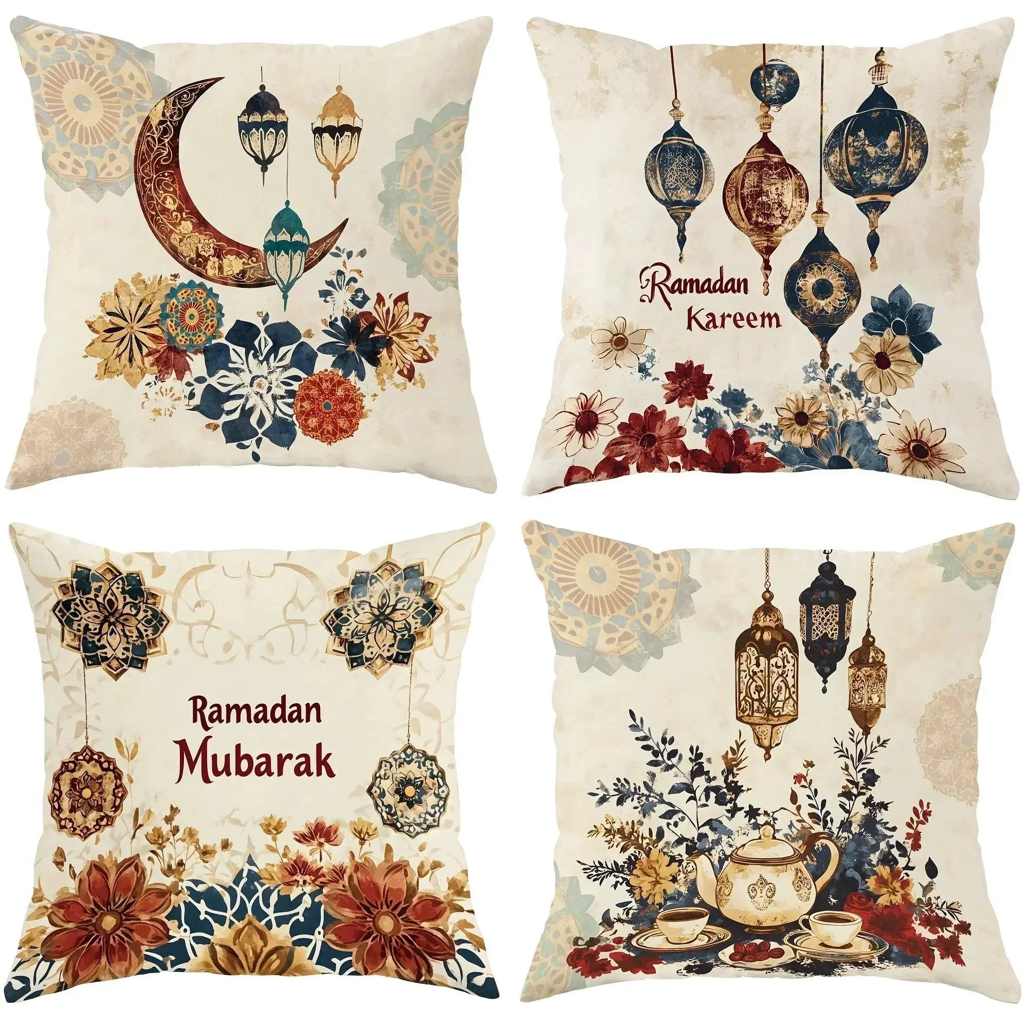 Fabric Pillow Covers - Traditional Ramadan Red/Blue/Golden by House Of Avana