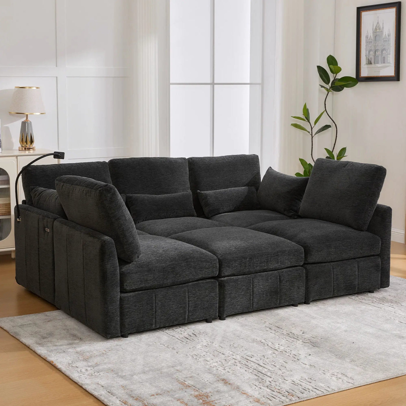 Modern Modular U-Shaped Sofa Bed With Movable Ottoman, USB Ports, Phone Holder by Unique Piece Furniture