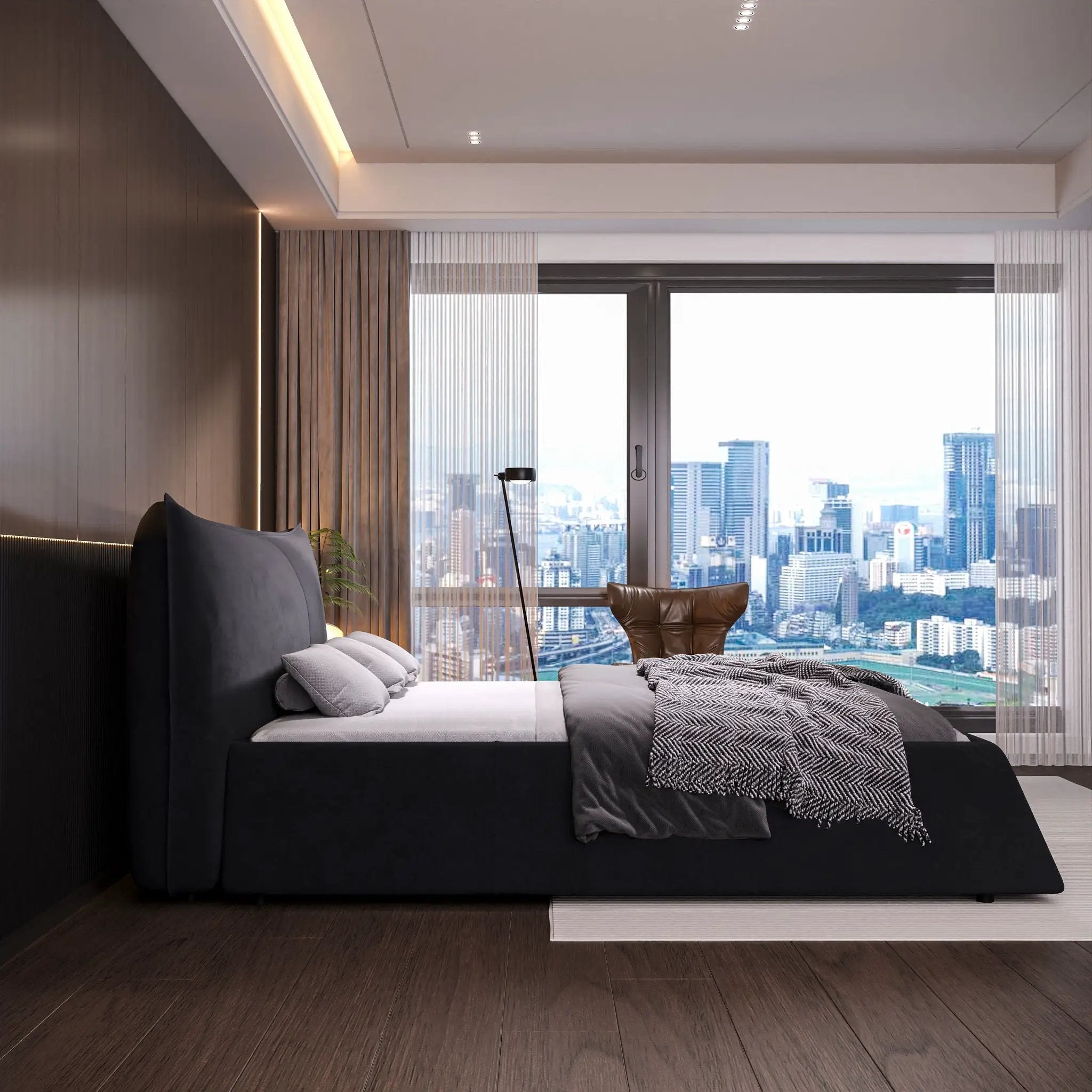 Upholstered Platform Bed With Special Shaped Headboard