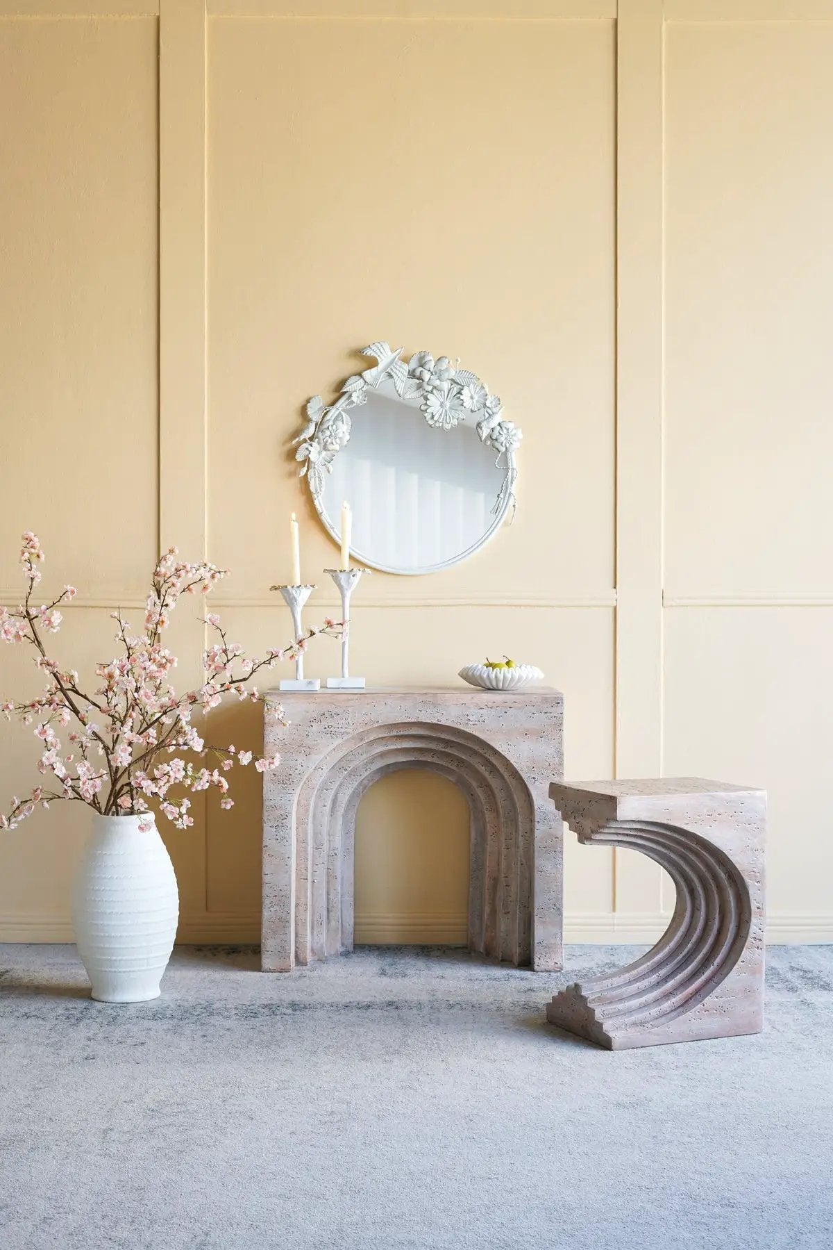 16.3x12.2x22.6 Modern Sculptural Arched Side Table with Faux Travertine Finish by HouseOfZazla