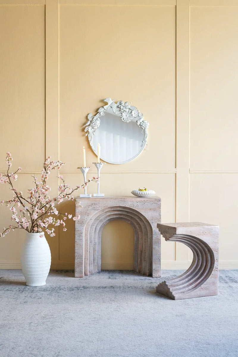 16.3x12.2x22.6 Modern Sculptural Arched Side Table with Faux Travertine Finish by HouseOfZazla