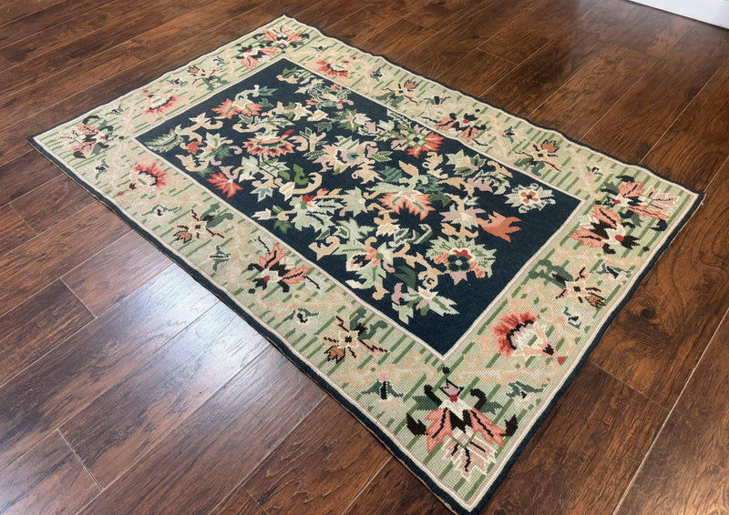 Vintage American Needlepoint Rug 4x6, Dark Green, Wool, Handmade, Flatweave Carpet by Jewel Rugs