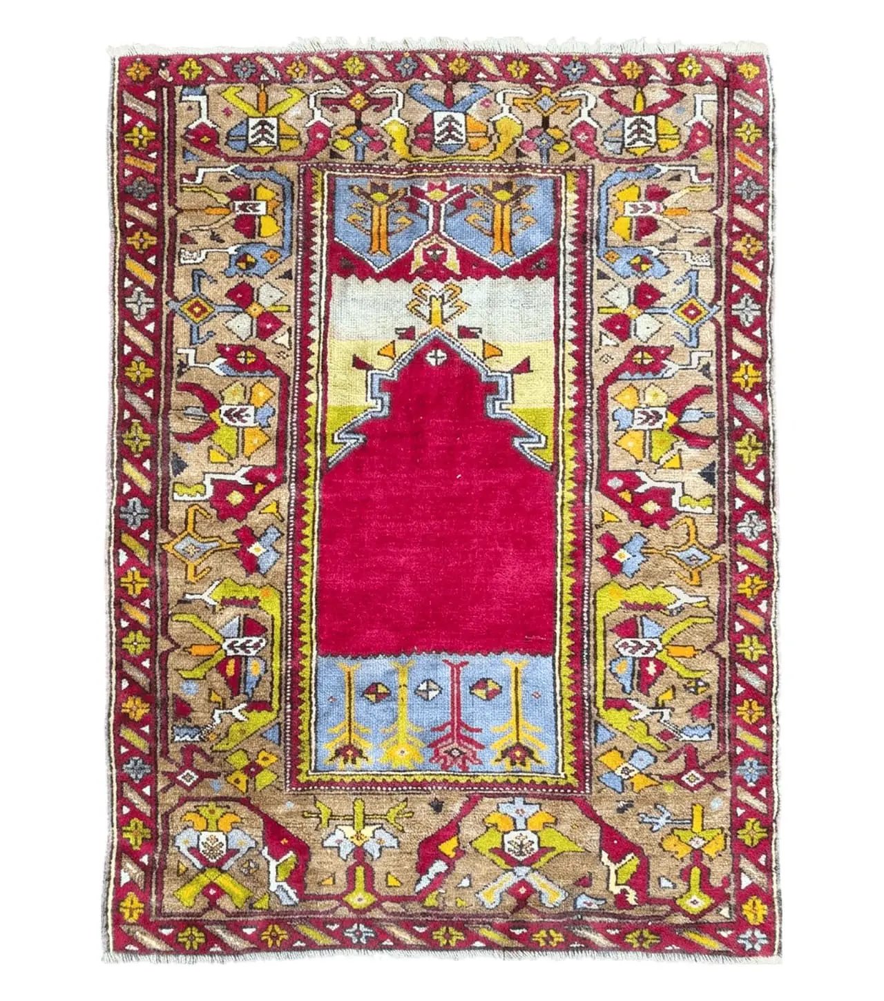 Antique Turkish Prayer Rug 3.8 x 5ft, Colorful Prayer Rug, Red Blue Gold Multicolor Turkish Anatolian Carpet, Handmade Hand-Knotted, Wool by Jewel Rugs