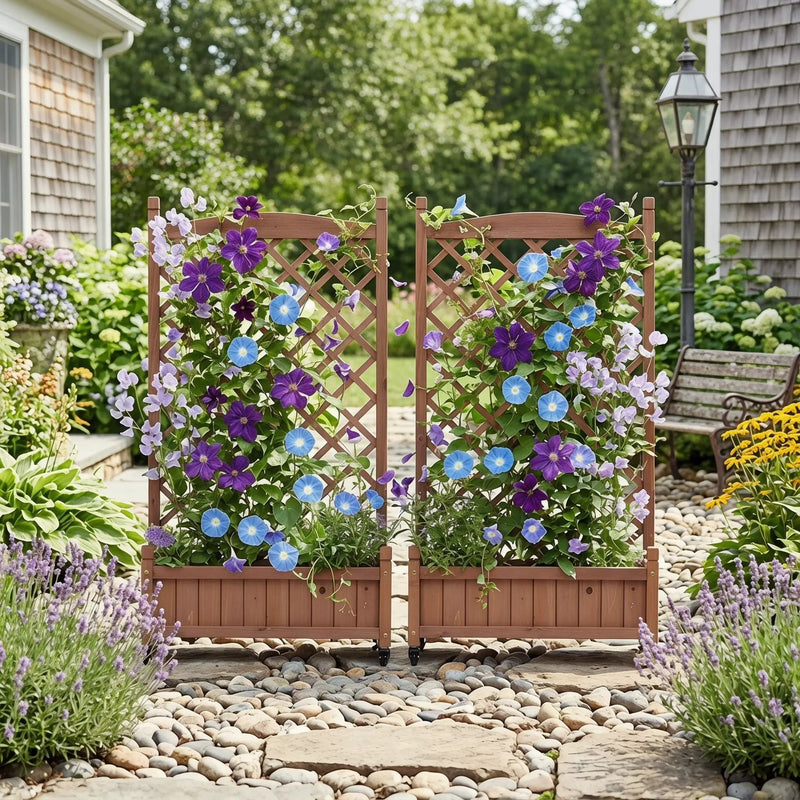 Raised Garden Bed With Trellis 2 Pack, Outdoor Planter Box & Plant Stand With Climbing Racks - Brown by HouseOfZazla
