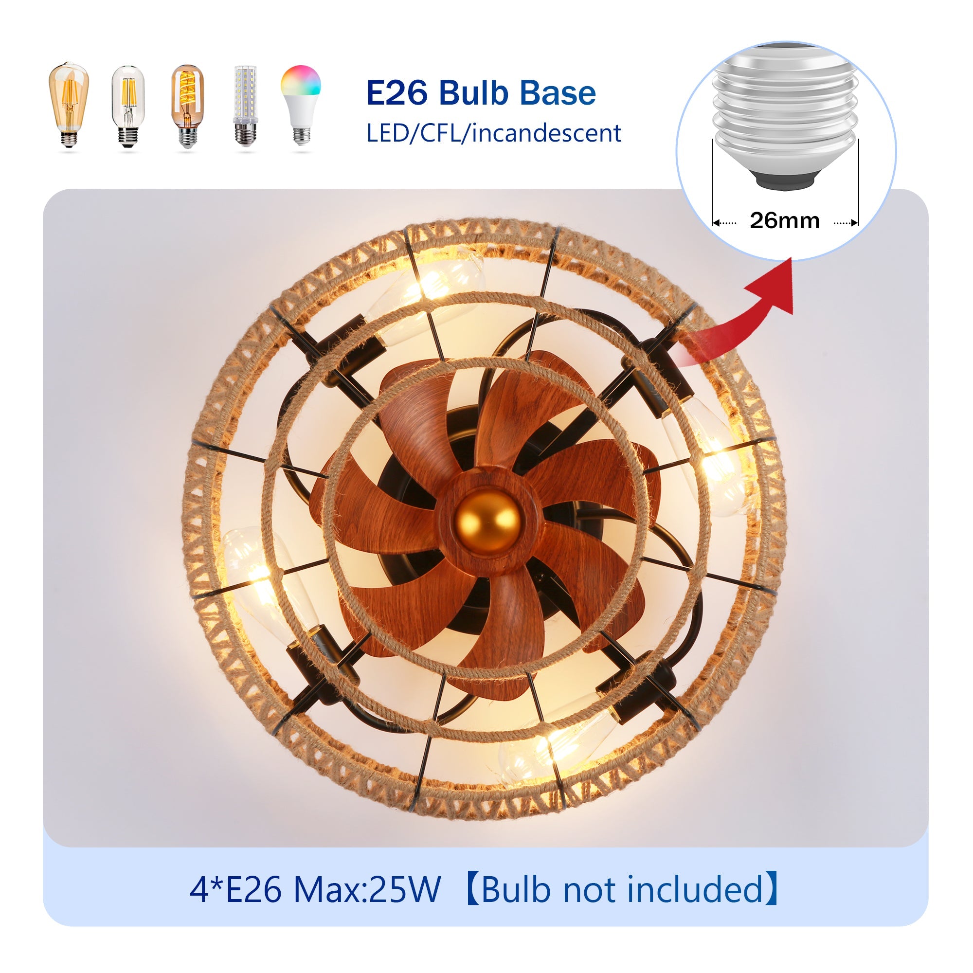 20" Rope Caged Flush Mount Ceiling Fan with Light Kit and Remote Control by HouseOfZazla