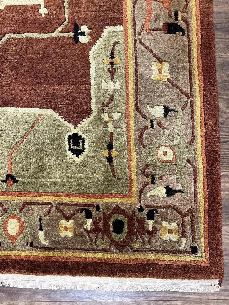 Tibetan Rug 7x10, Geometric Medallion, Red Green Taupe, Hand Knotted, Soft Wool Area Rug, Contemporary Carpet, Handmade Nepali Rug 7 x 10 ft by Jewel Rugs