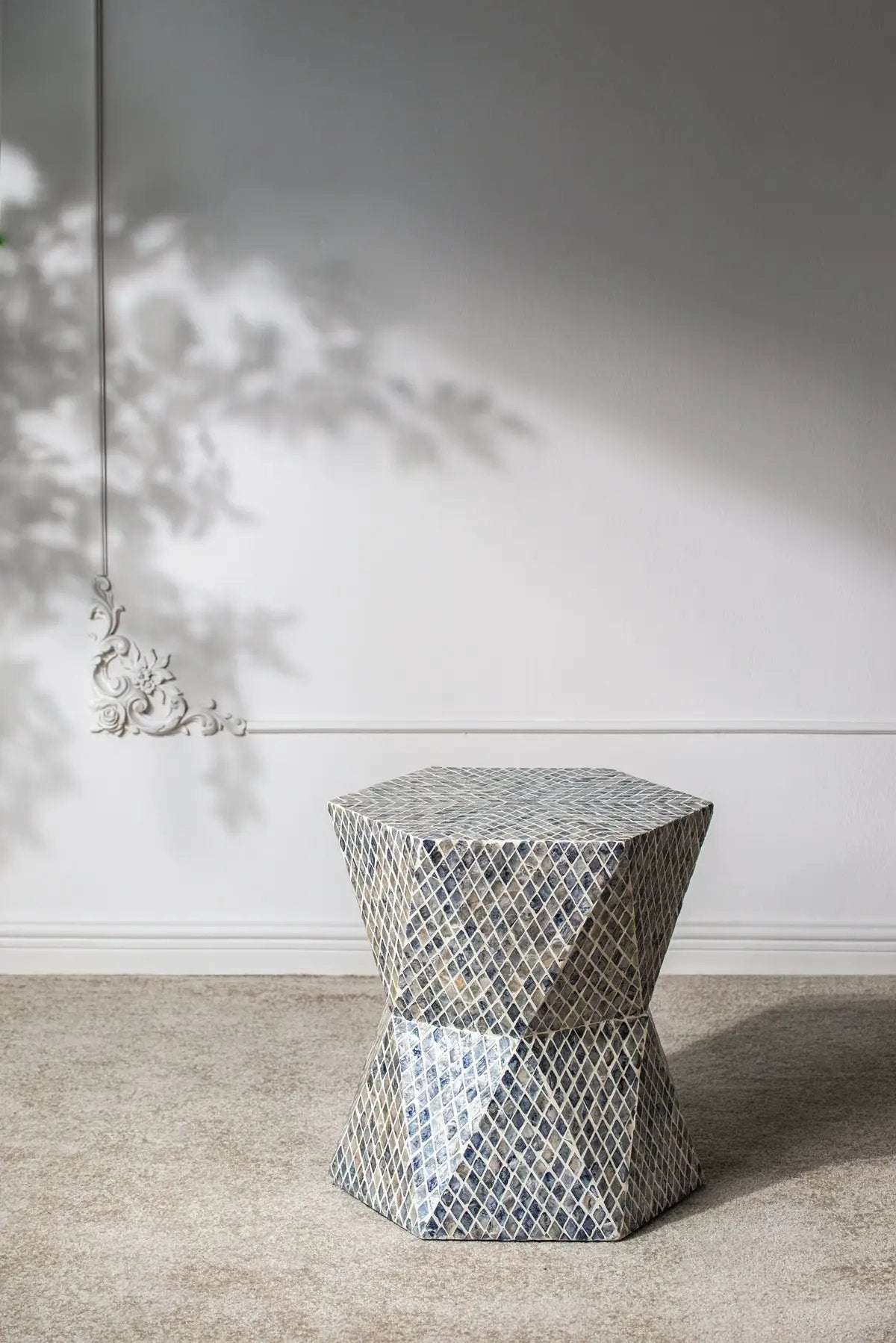 19x19x20" Tapered Blue Garden Capiz Stool, Accent Side Table by HouseOfZazla