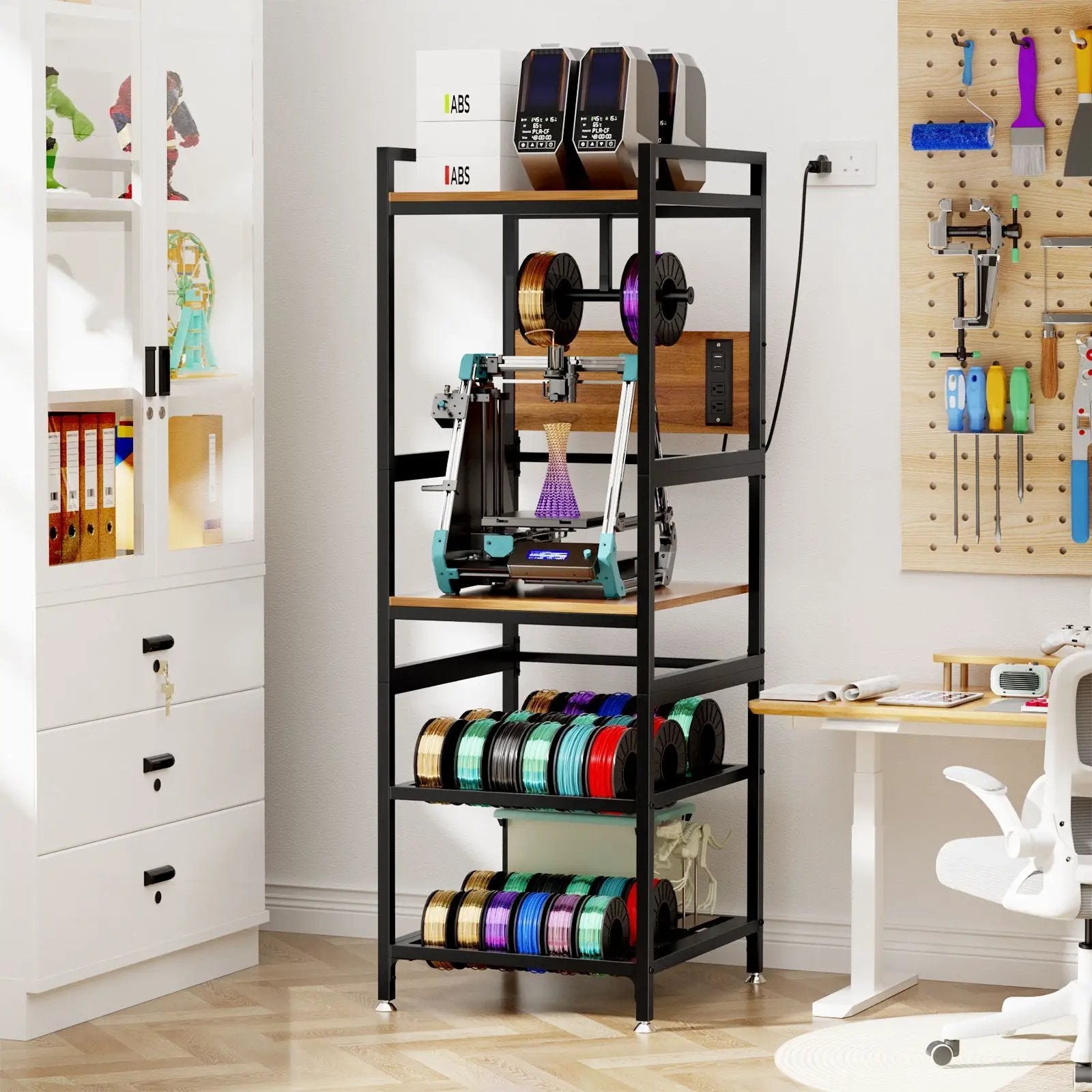 3D Printer Stand With Filament Storage, T-Type Holder, Built In Power Panelб Open Frame Printer Workstation - Black by Unique Piece Furniture