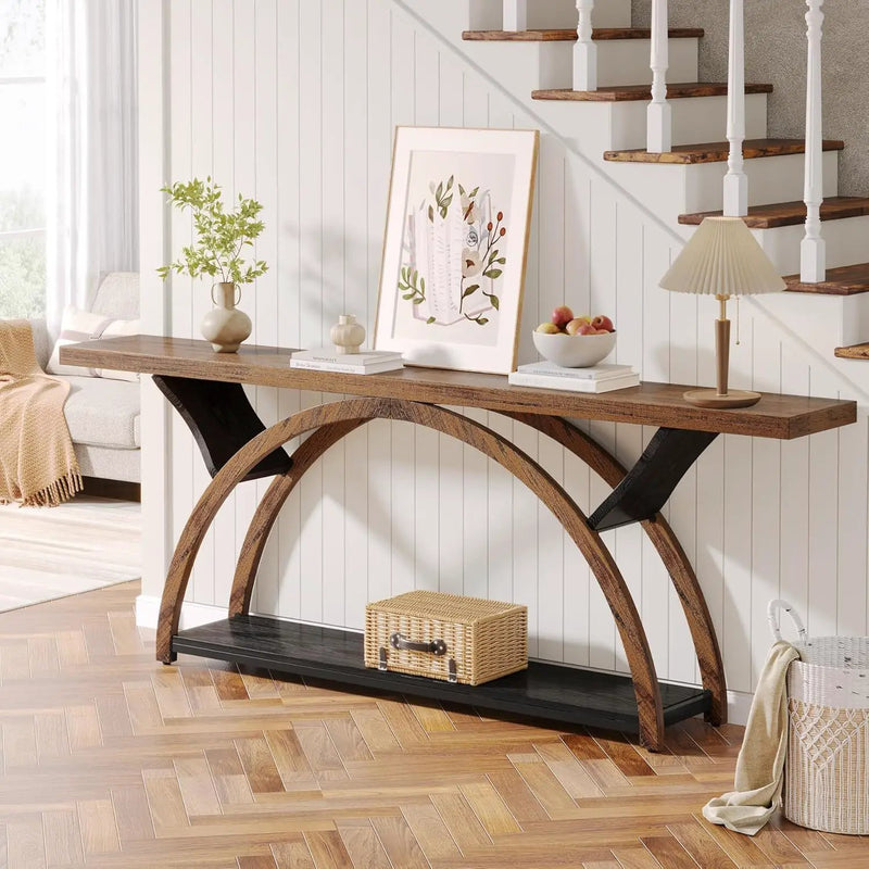 Console Table With 2 Tier Storage And Half Moon Frame For Hallway - Brown / Black by HouseOfZazla