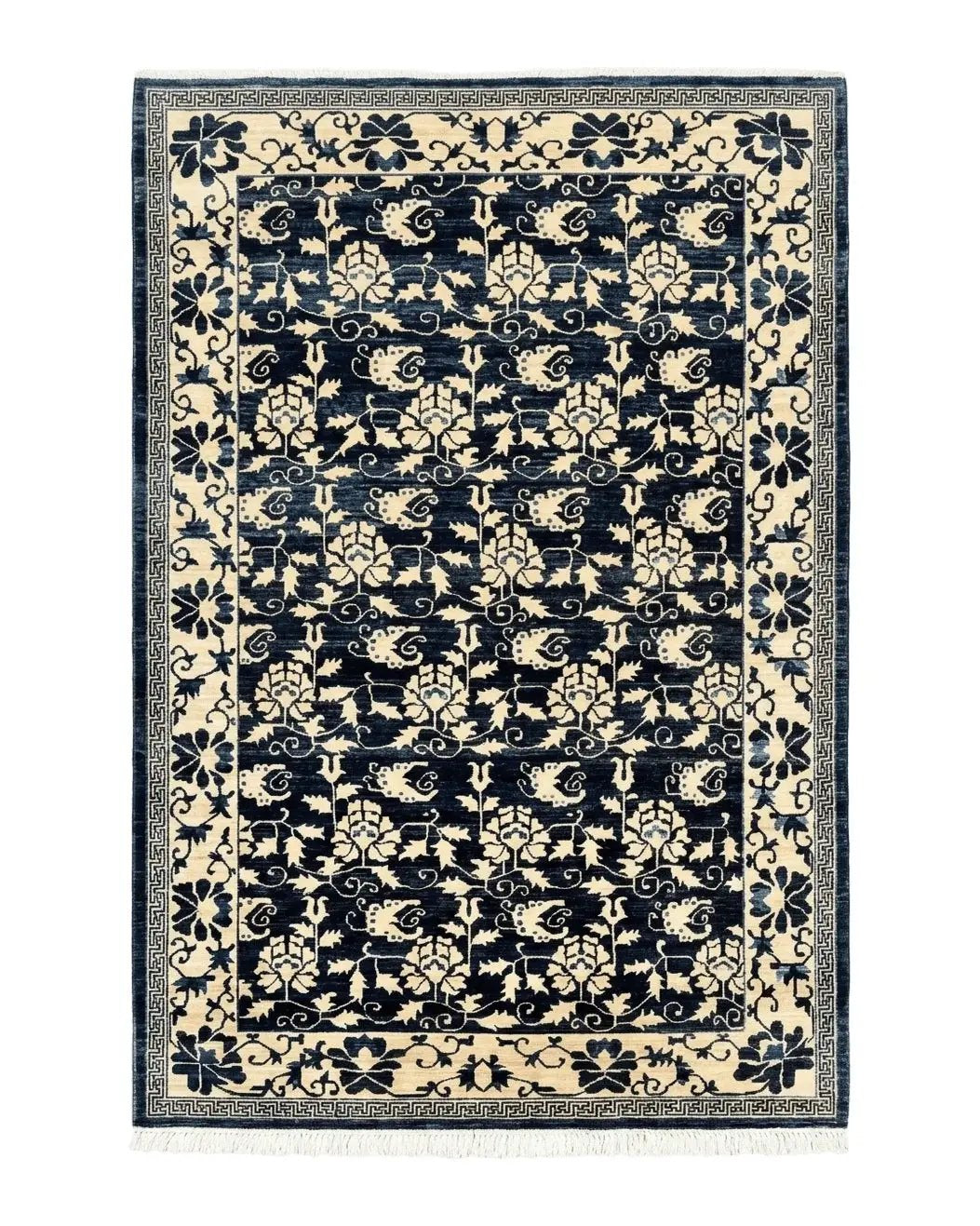 Sino Persian Rug 6x9, Hand Knotted Wool Carpet, Floral Allover, Blue Cream-Tan by Jewel Rugs
