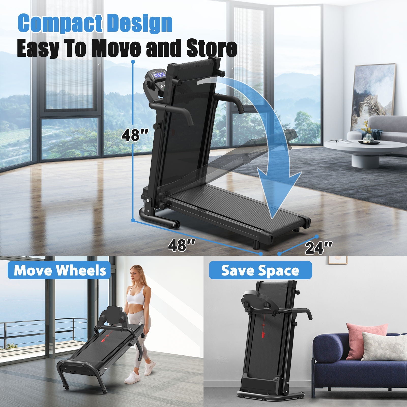 2.5Hp Portable Treadmill With Handles, App Control & LED Display - Black by HouseOfZazla