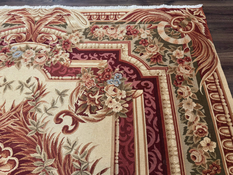 Large Aubusson Rug 10x13, Thick Flatweave Carpet, Elegant European Design, Cream and Raspberry by Jewel Rugs