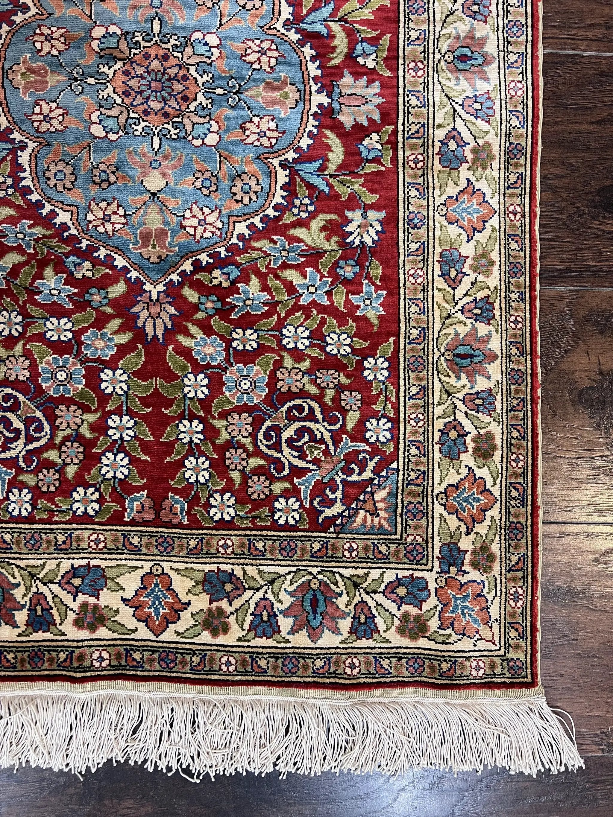 Silk Turkish Kayseri Rug 2x3, Small All Silk Turkish Carpet, Red and Light Blue, Very Fine Hand Knotted Semi Antique Vintage Handmade Rug by Jewel Rugs