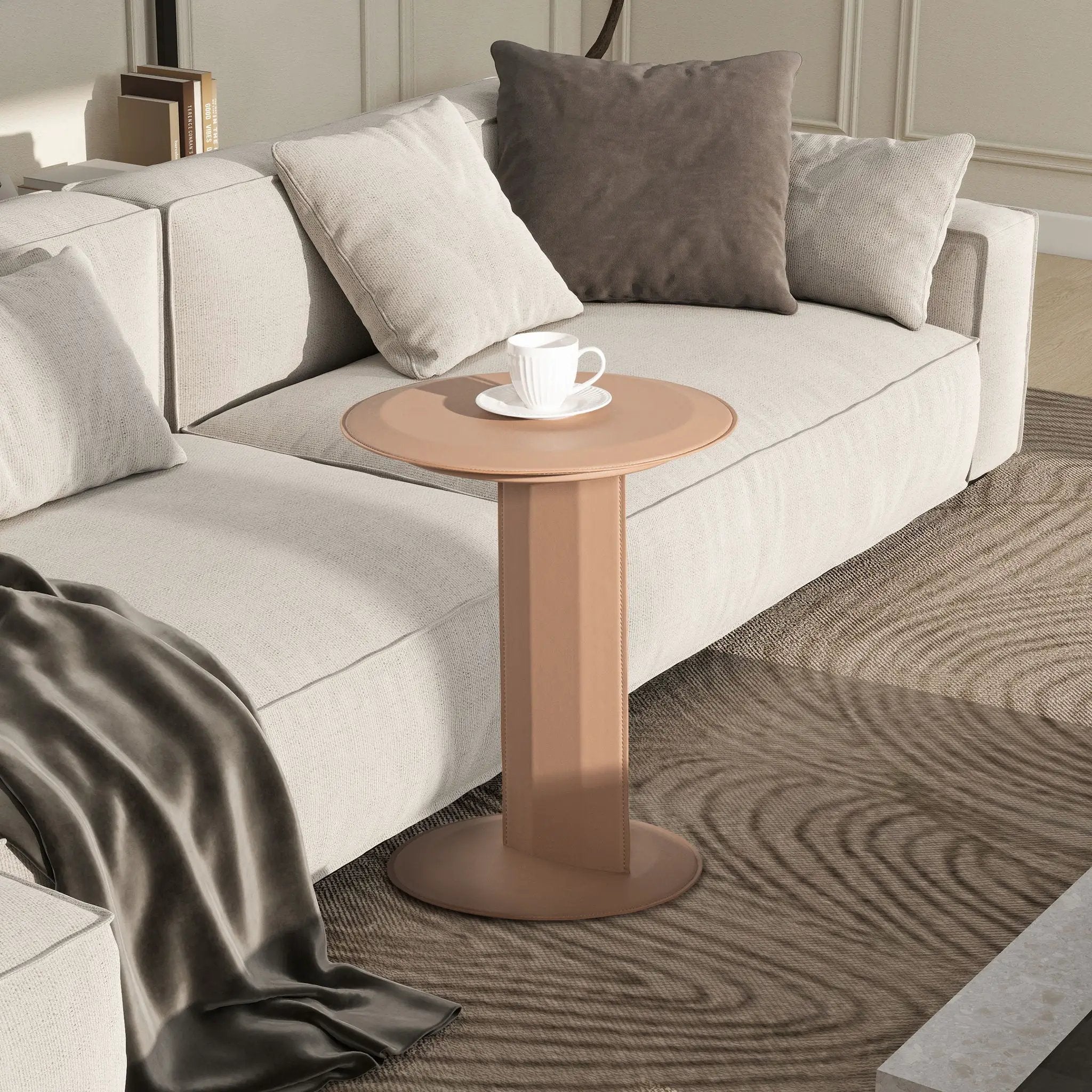 Mode - Leatherette Round C-Shaped Sofa Side Table - Saddle Brown by Unique Piece Furniture