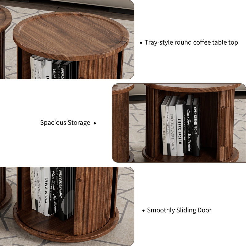 2Piece Round Coffee Table Set, Modern Nesting Side Tables with Sliding Door Storage by HouseOfZazla