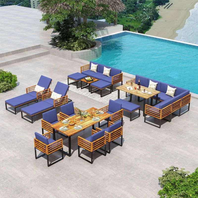 8 Pieces Patio Acacia Wood Dining Table Set with Ottoman Cushions-Navy by DirectDeals