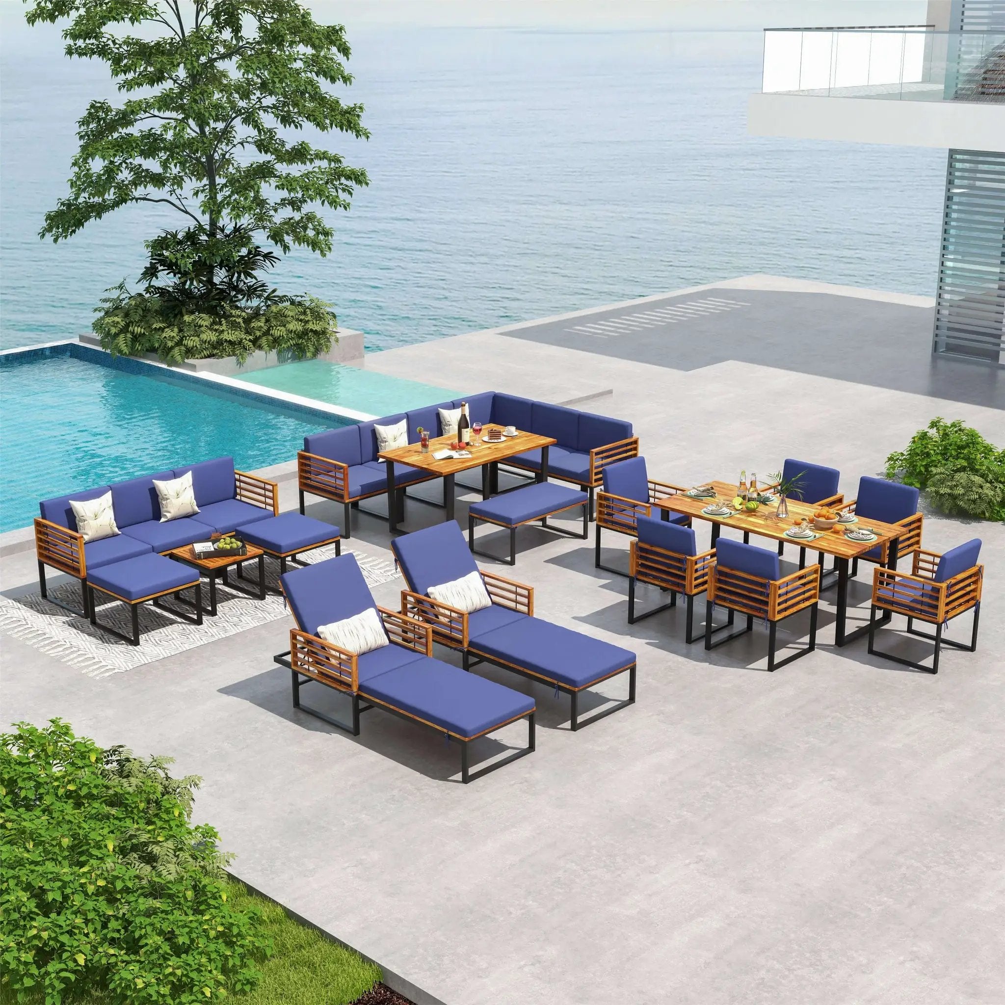 5 Piece Patio Acacia Wood Chair Set with Ottomans and Coffee Table-Navy by DirectDeals