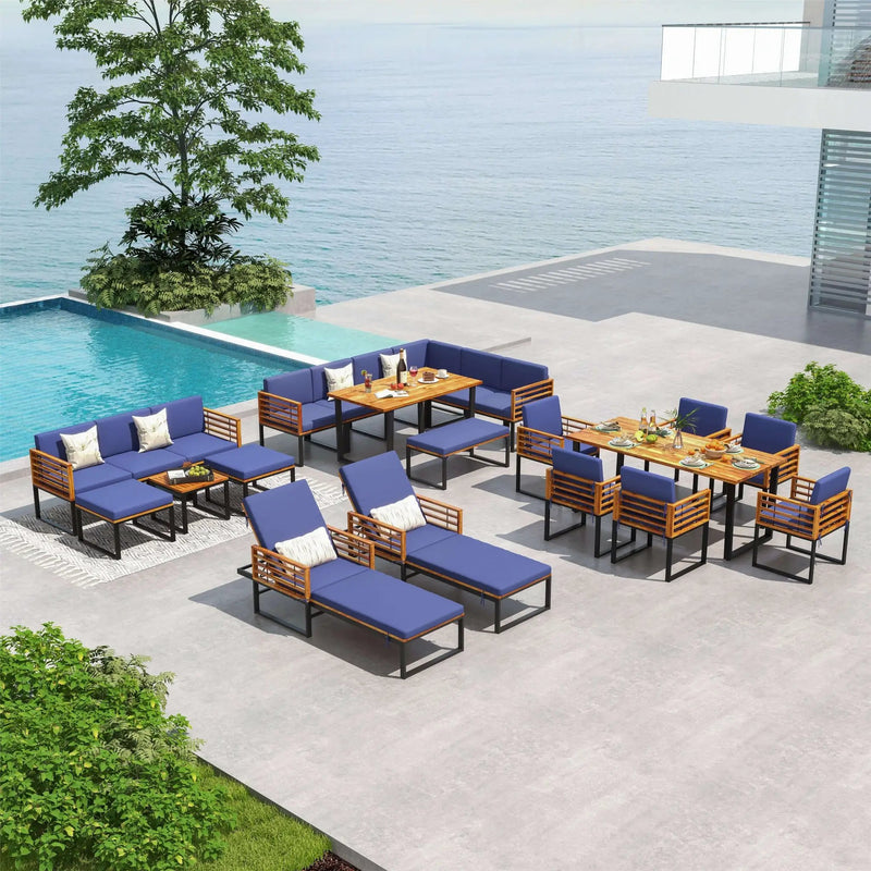 5 Piece Patio Acacia Wood Chair Set with Ottomans and Coffee Table-Navy by DirectDeals