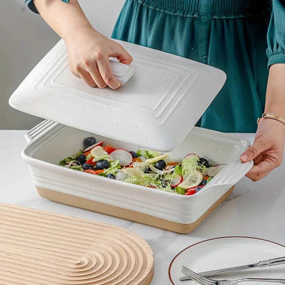 [Farmhouse Casserole Dish] HVH 3.5Qt 13x9 Ceramic Casserole Dish with Lid | Oven Safe, Large Covered Rectangular Baking Dish, Farmhouse Style, 9x13 Casserole Dish Set by House Of Avana