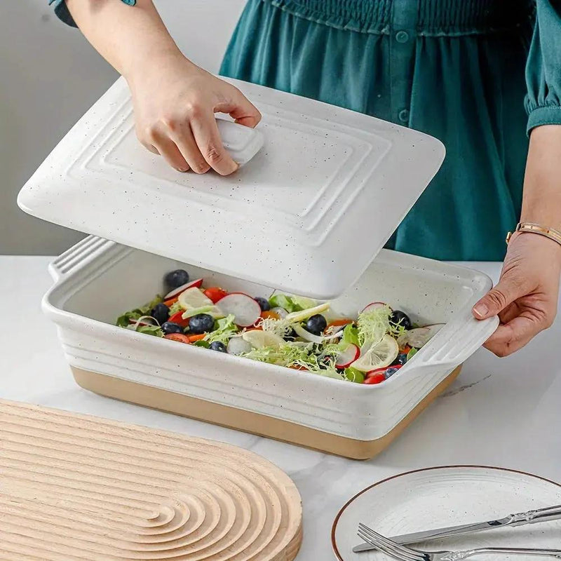 [Farmhouse Casserole Dish] HVH 3.5Qt 13x9 Ceramic Casserole Dish with Lid | Oven Safe, Large Covered Rectangular Baking Dish, Farmhouse Style, 9x13 Casserole Dish Set by House Of Avana