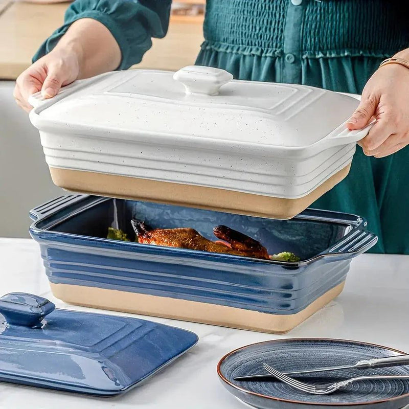[Farmhouse Casserole Dish] HVH 3.5Qt 13x9 Ceramic Casserole Dish with Lid | Oven Safe, Large Covered Rectangular Baking Dish, Farmhouse Style, 9x13 Casserole Dish Set by House Of Avana