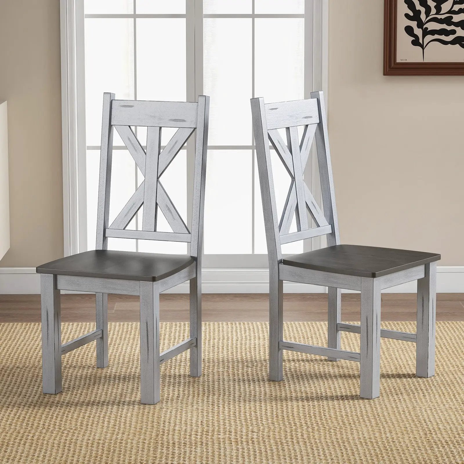 Farmhouse Chair Set of 2 with Rubber Wood Frame and Elegant Hollowed Backrest-Gray by DirectDeals