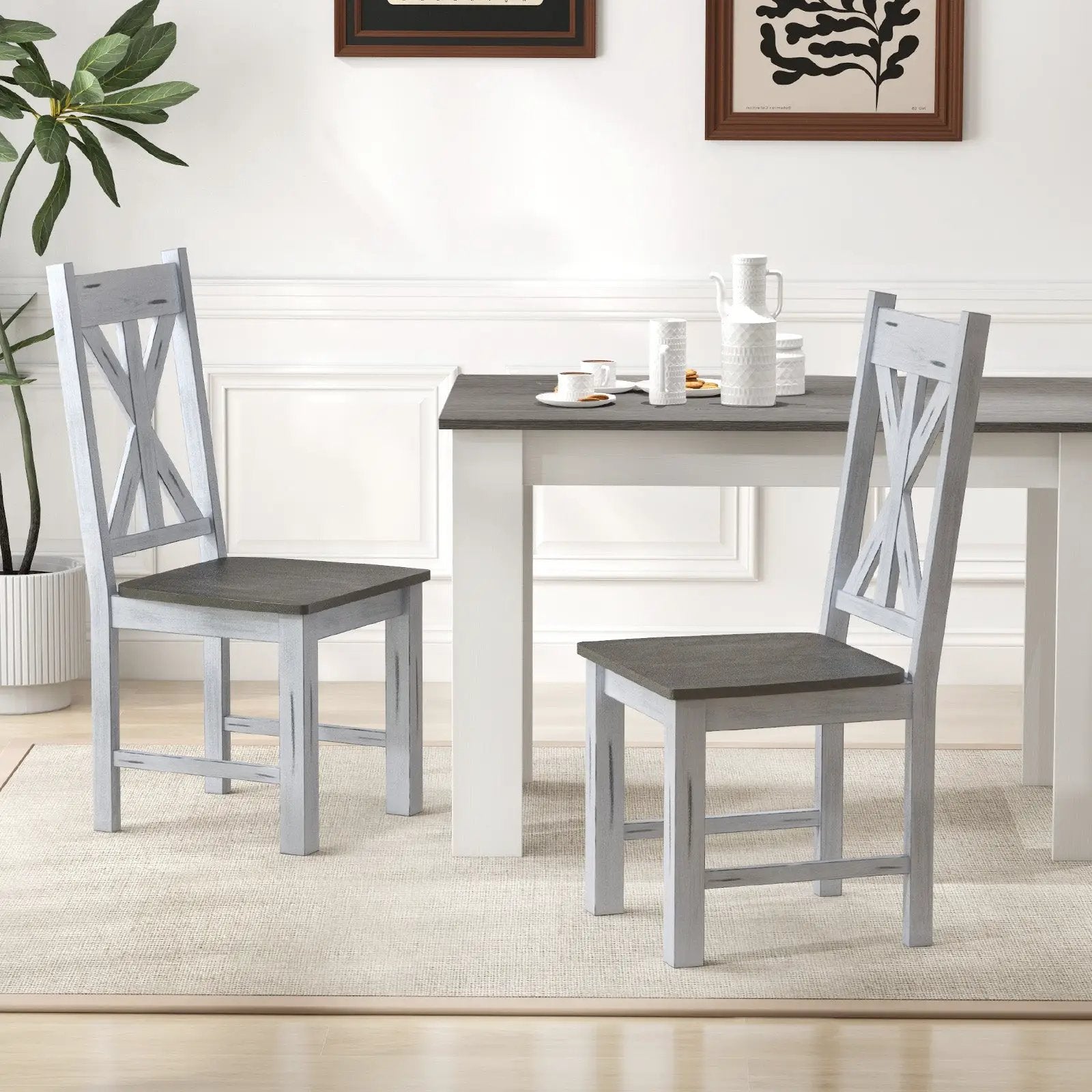 Farmhouse Chair Set of 2 with Rubber Wood Frame and Elegant Hollowed Backrest-Gray by DirectDeals