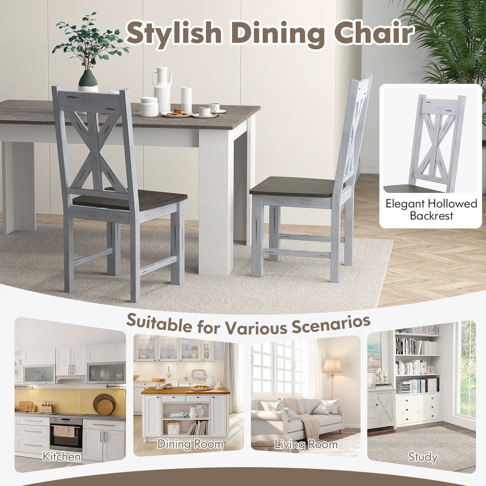 Farmhouse Chair Set of 2 with Rubber Wood Frame and Elegant Hollowed Backrest-Gray by DirectDeals