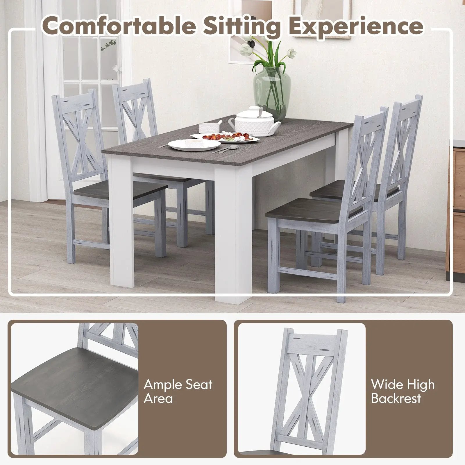 Farmhouse Chair Set of 2 with Rubber Wood Frame and Elegant Hollowed Backrest-Gray by DirectDeals