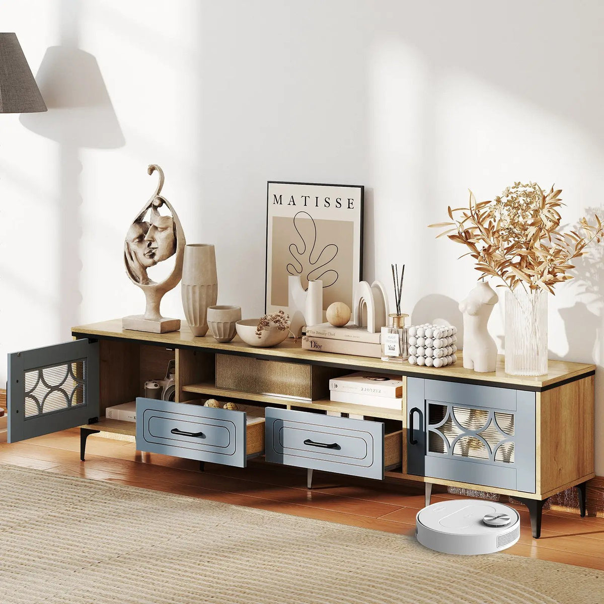 Farmhouse TV Stand for TVs up to 80 Inch with 2 Drawers, photo 8 of 9