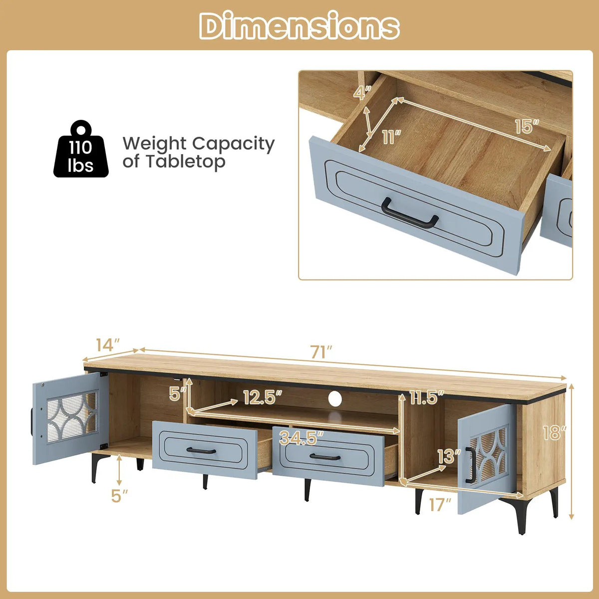 Farmhouse TV Stand for TVs up to 80 Inch with 2 Drawers, photo 5 of 9