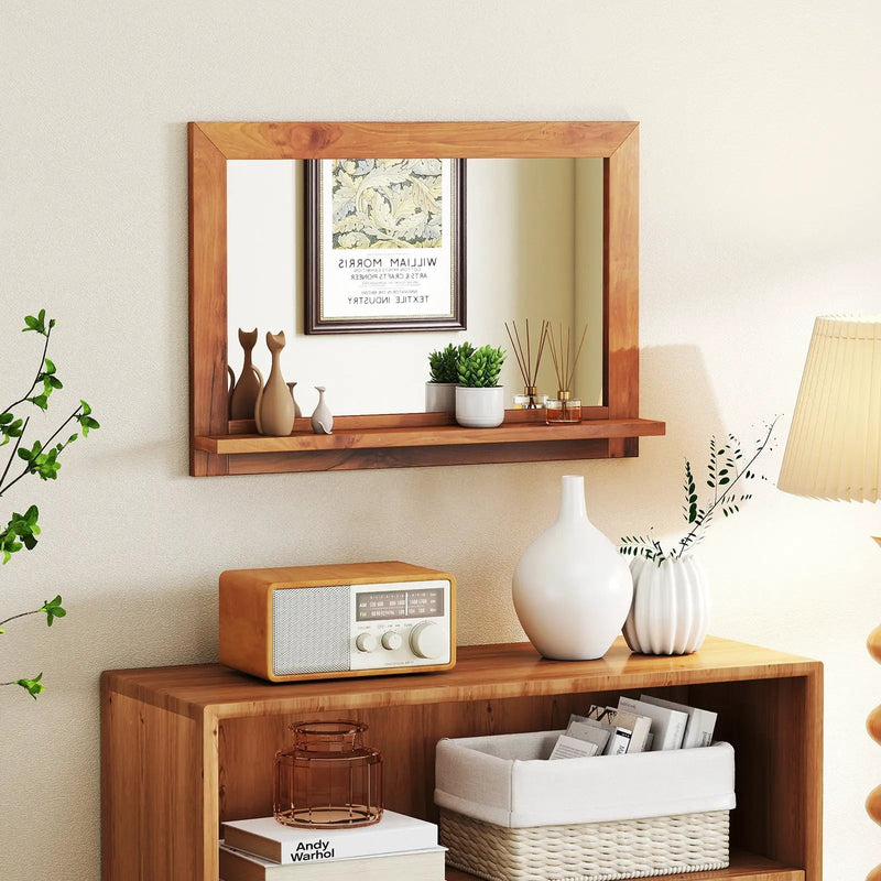 Farmhouse Wall Mirror with Shelf and Teak Wood Frame by DirectDeals