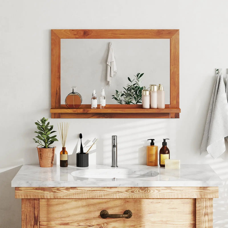 Farmhouse Wall Mirror with Shelf and Teak Wood Frame by DirectDeals