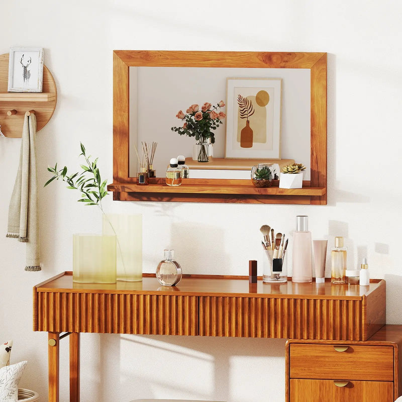 Farmhouse Wall Mirror with Shelf and Teak Wood Frame by DirectDeals