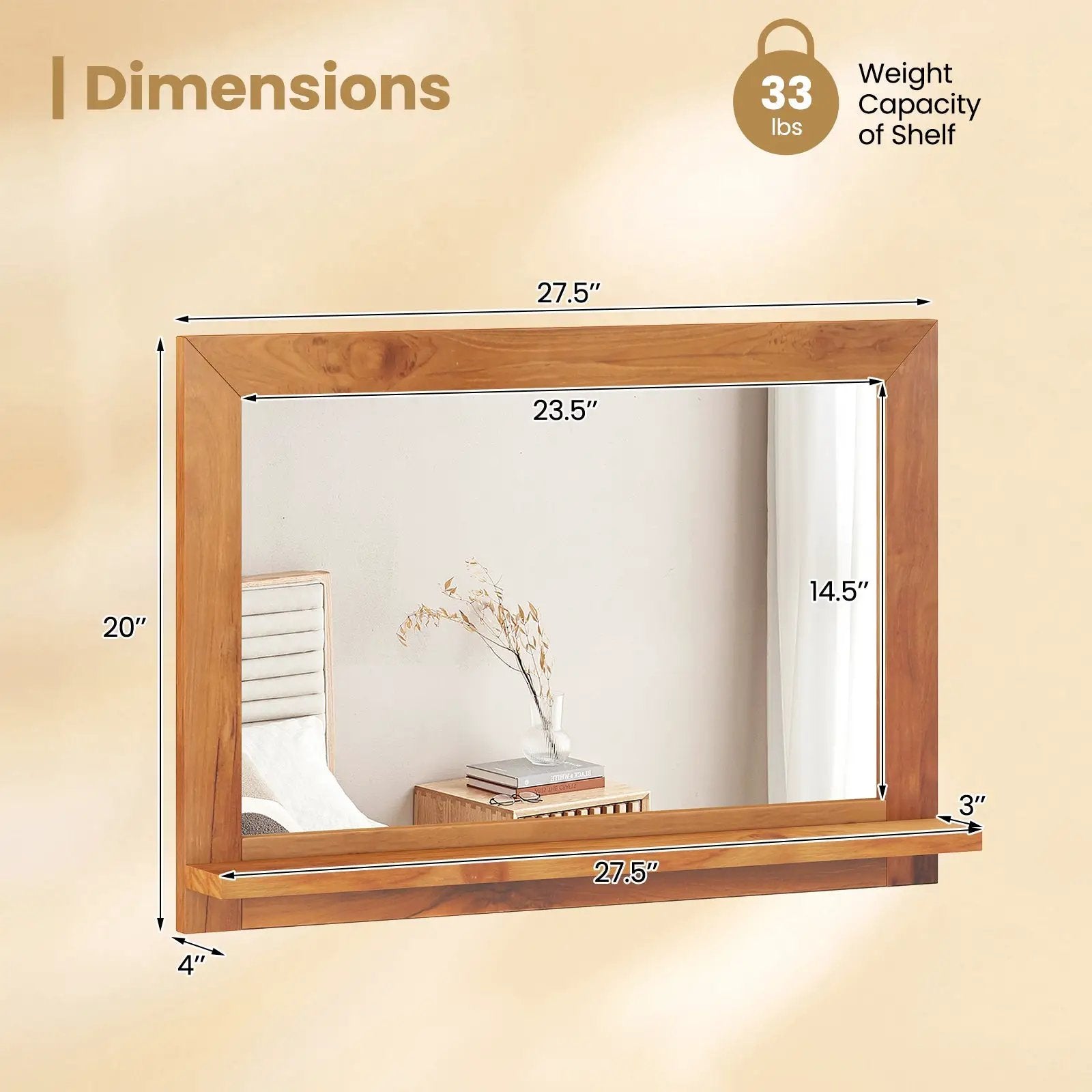 Farmhouse Wall Mirror with Shelf and Teak Wood Frame by DirectDeals