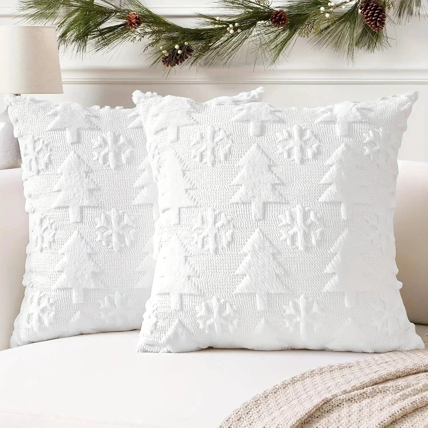 Faux Wool Christmas Tree Throw Pillow Covers, 45.72x45.72 cm, Snowflake Design by House Of Avana