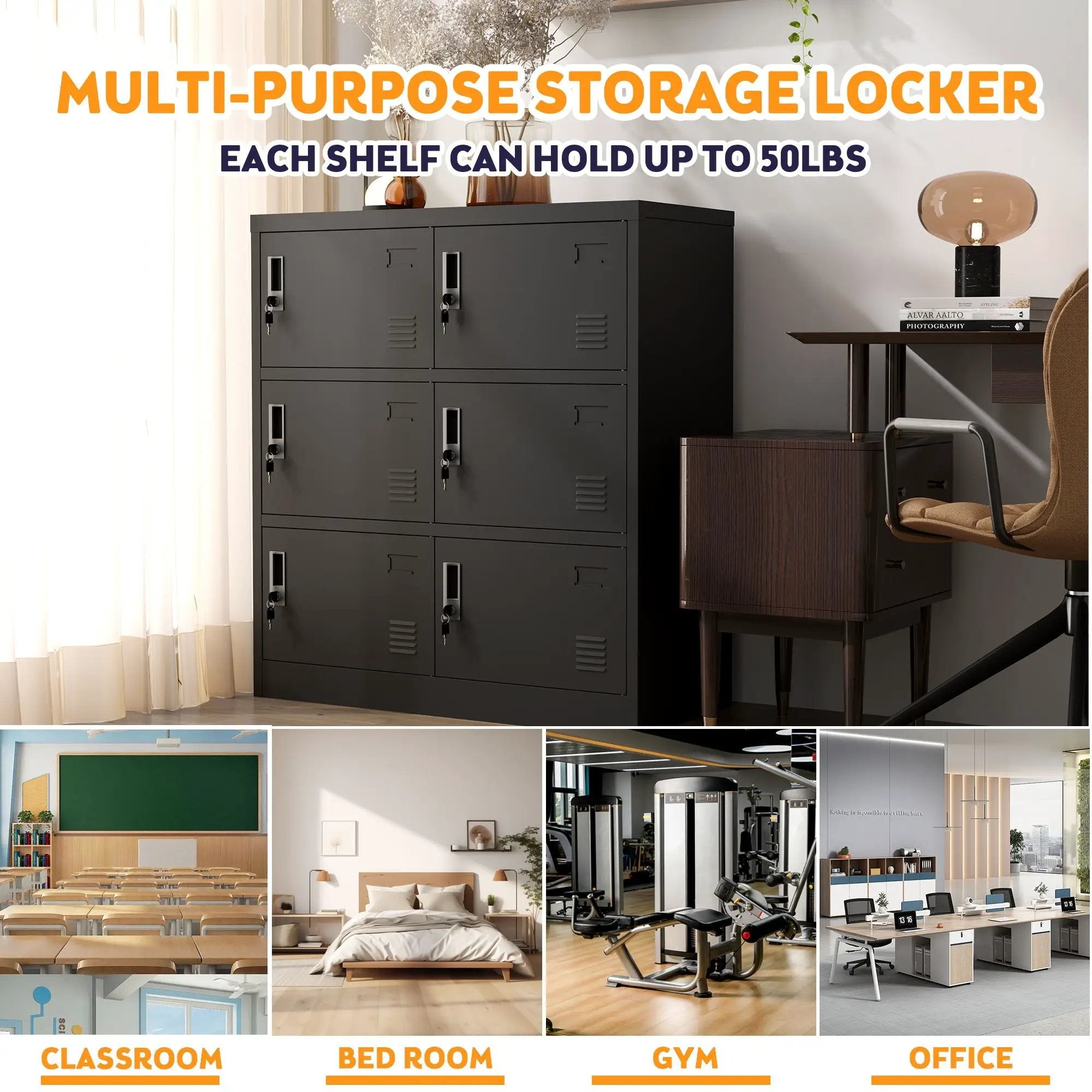 6 Door Employee Storage Locker, Lockers For Office, Gym, School, And Home With Card Slot - Black by Unique Piece Furniture