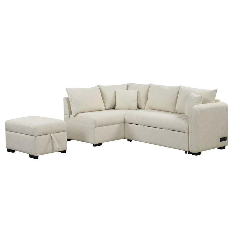 L-Shaped Sectional Pull Out Sofa Bed Sleeper Sofa With Two USB Ports, Two Power Sockets And A Movable Storage Ottoman by HouseOfZazla