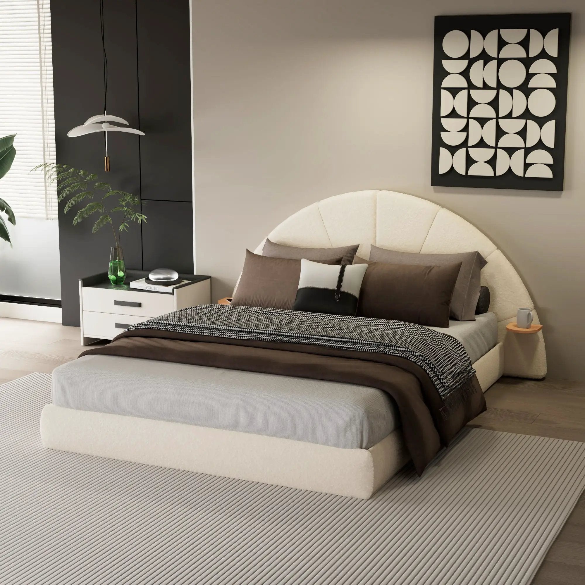 Queen Arched Bed With Small Table, Floor Standing Design - Beige by HouseOfZazla