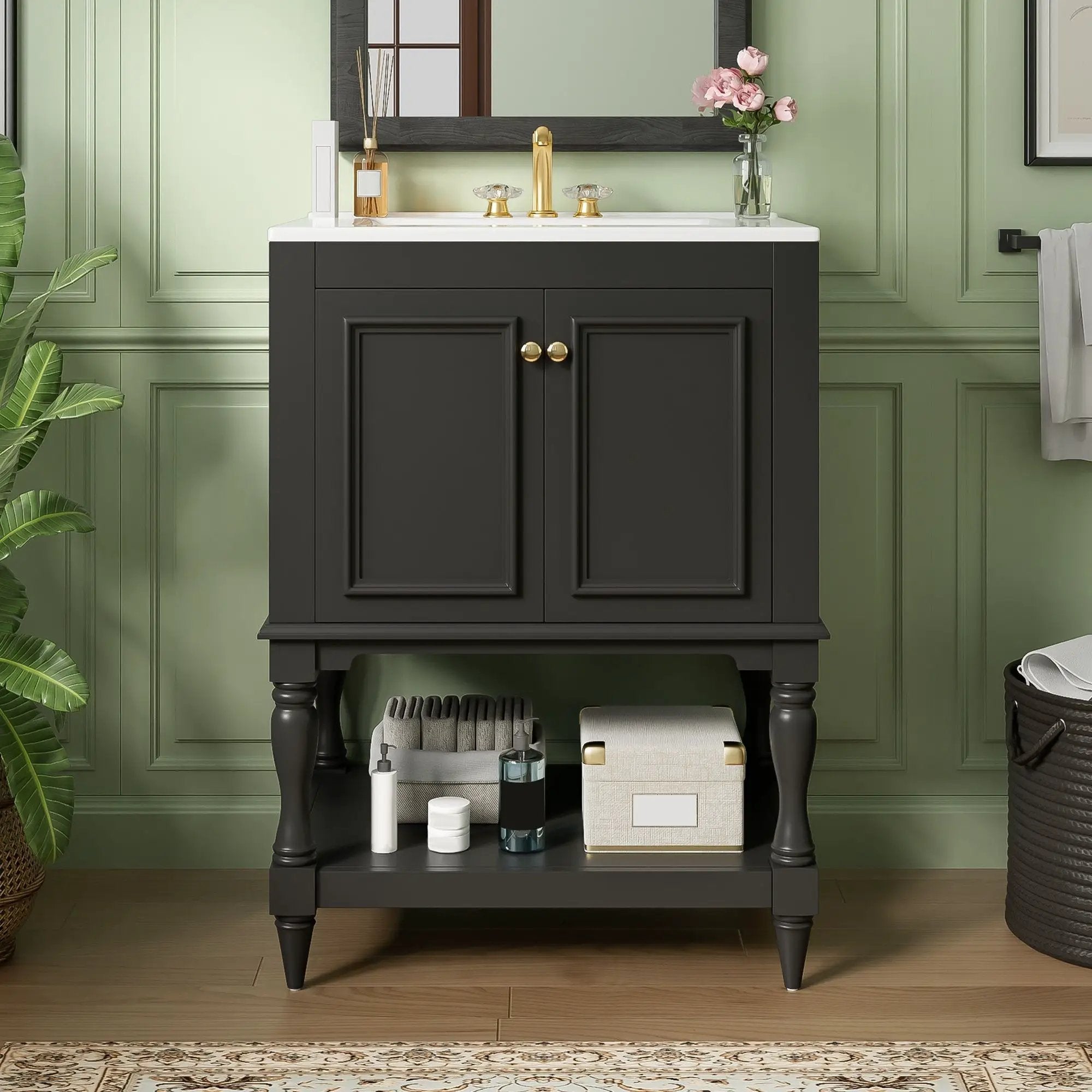 Modern Bathroom Vanity With Sink, Rectangular Cabinet With Open Shelf And Closed Storage by Unique Piece Furniture