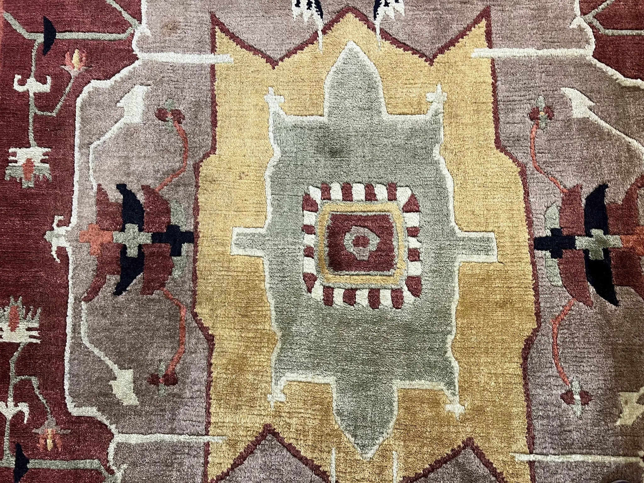 Tibetan Rug 7x10, Geometric Medallion, Red Green Taupe, Hand Knotted, Soft Wool Area Rug, Contemporary Carpet, Handmade Nepali Rug 7 x 10 ft by Jewel Rugs