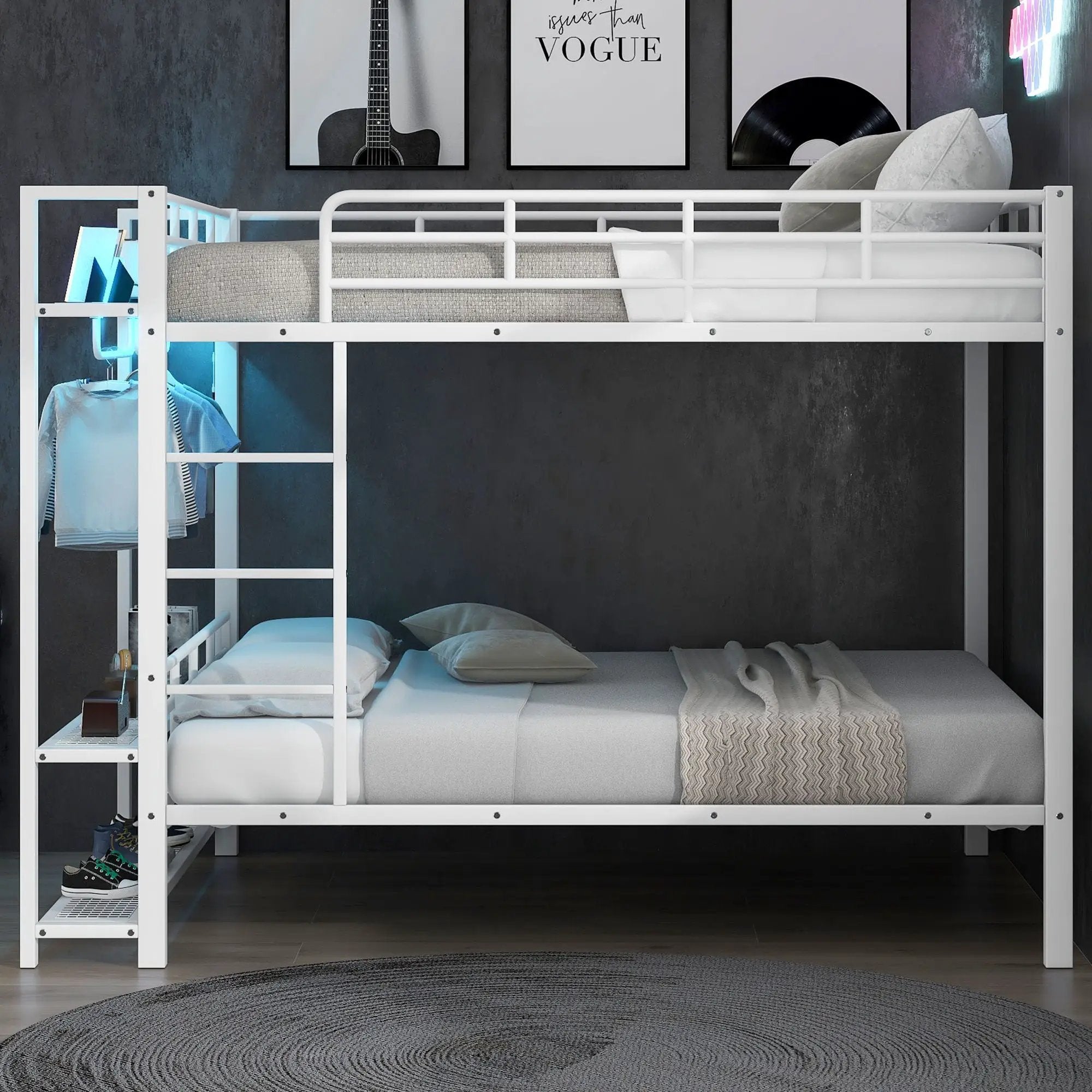 Bunk Bed With Storage Shelves, Clothes Hooks, LED Light